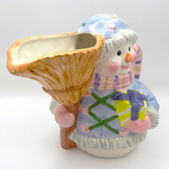 Ceramic Snowman Pitcher Christmas Jug Hand Painted Broom Spout 7” Unbranded - Picture 5 of 11